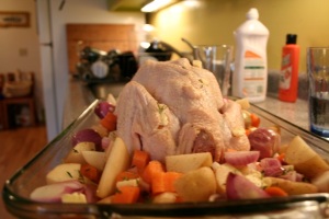 Mmmm...A chicken I gutted, prepped, dressed, cooked, and shared with friends. It was awesome.  See recipe below.